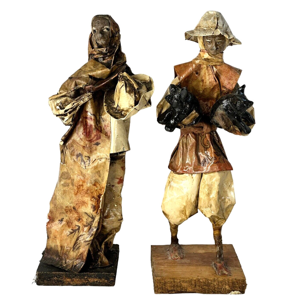 VINTAGE 1960s Handmade Mexican Corn Husk Paper Mache LOT of Two Man Woman 13”